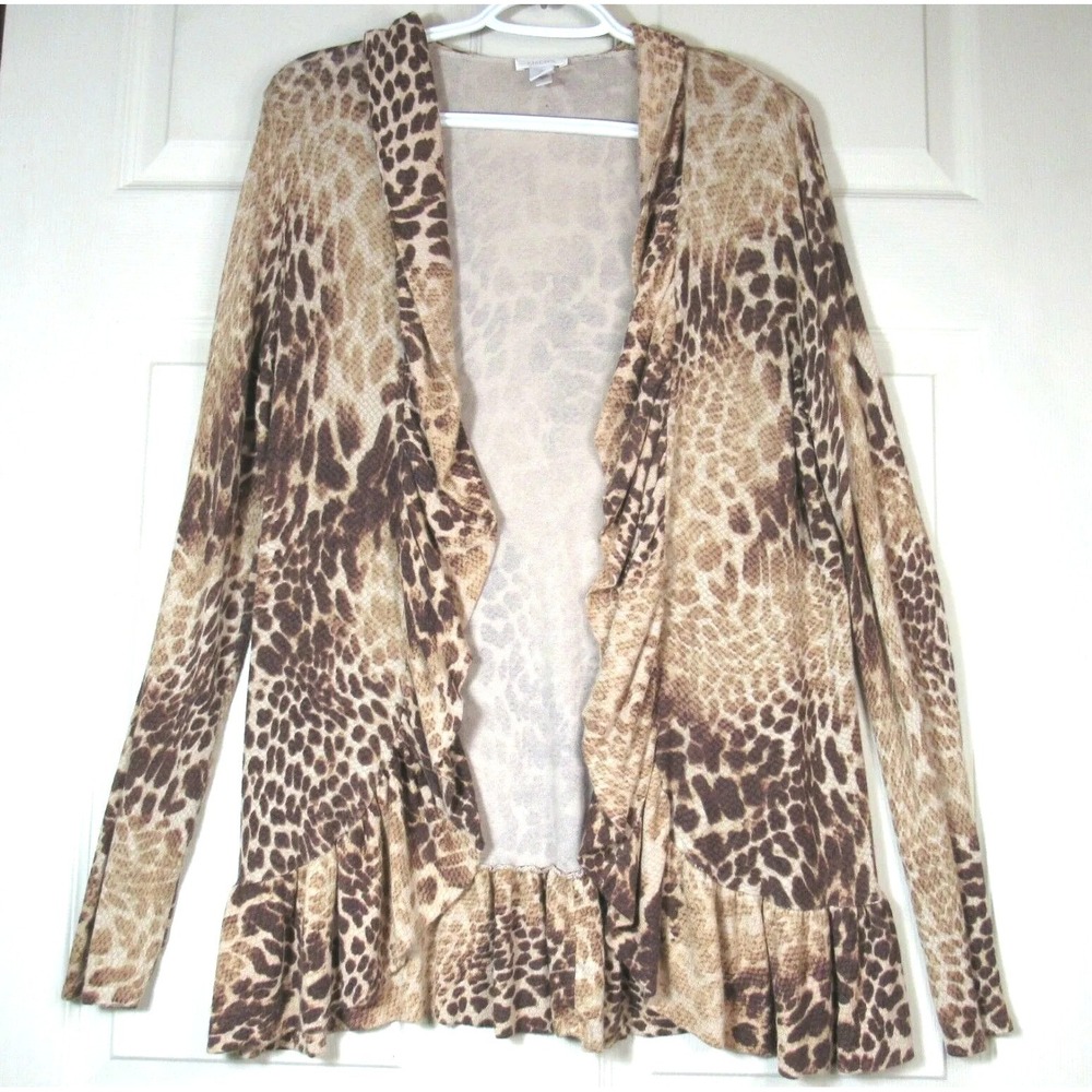 Chico's Size 2 Leopard Print Cardigan Ruffled Snake Tan Beige Womens Brown Plus